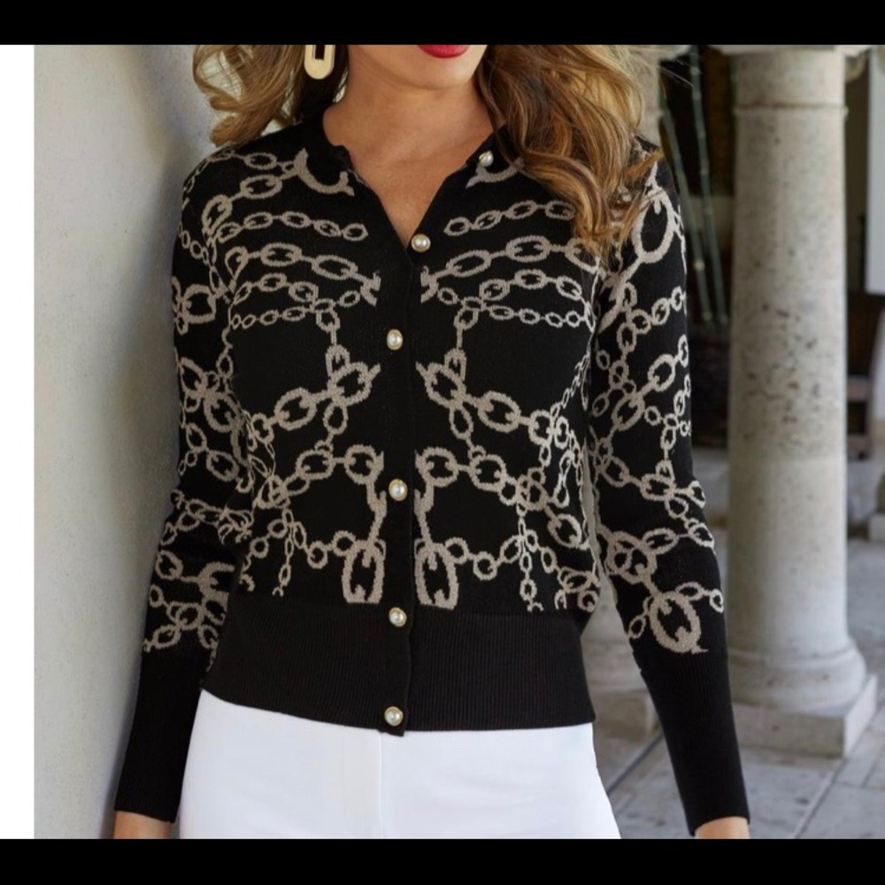 BOSTON PROPER CHAIN PRINT BUTTON-DOWN CARDIGAN